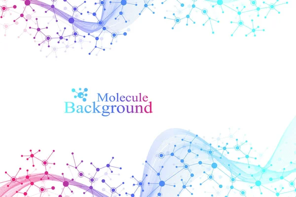 Kleurrijke moleculen achtergrond. DNA helix, DNA streng, DNA test. Molecuul of atoom, neuronen. Abstracte structuur voor wetenschap of medische achtergrond, banner. Wetenschappelijke moleculaire vector illustratie — Stockvector