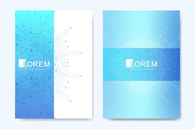 Broşür, broşür, broşür, ilan, kapak, katalog, dergi veya yıllık rapor için modern vektör şablonu. İş, bilim, tıbbi tasarım. Bilimsel sibernetik noktalar. Pleksus hattı. Kart yüzeyi.