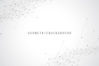 Bağlı çizgiler ve noktalarla Geometrik soyut arkaplan. Bağlantı noktası. Molekül ve iletişim geçmişi. Tasarımınız için grafiksel bağlantı arka planı. Vektör illüstrasyonu.