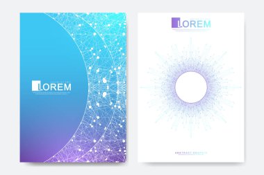 Broşür, broşür, broşür, ilan, kapak, katalog, dergi veya yıllık rapor için modern vektör şablonu. İş, bilim, tıbbi tasarım. Bilimsel sibernetik noktalar. Pleksus hattı. Kart yüzeyi.