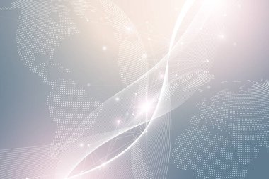 Büyük veri görselleştirmesi. Geometrik soyut arka plan görsel bilgi karmaşıklığı. Fütürist bilgi grafikleri tasarımı. Bağlı çizgi ve noktalar ile teknoloji arka planı, dalga akışı illüstrasyonu