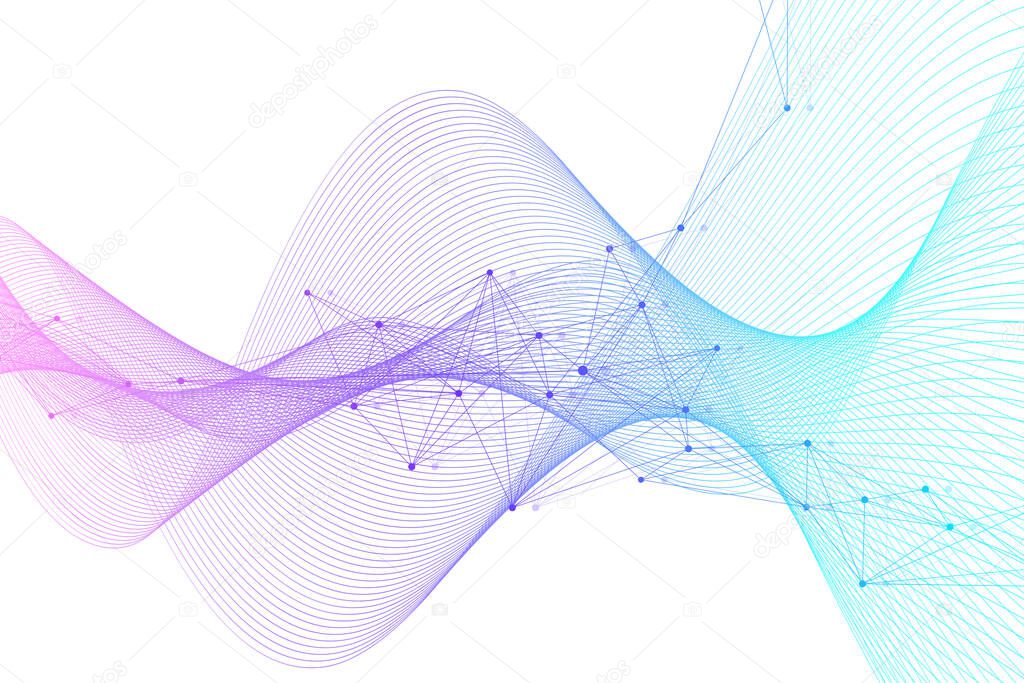 Expansion of life. Colorful explosion background with connected line and dots, wave flow. Visualization Quantum technology. Abstract graphic background explosion, motion burst illustration