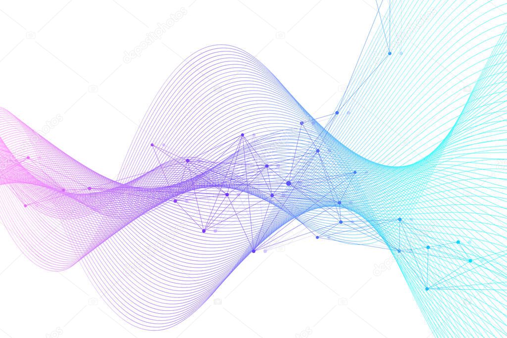 Expansion of life. Colorful explosion background with connected line and dots, wave flow. Visualization Quantum technology. Abstract graphic background explosion, motion burs illustration.