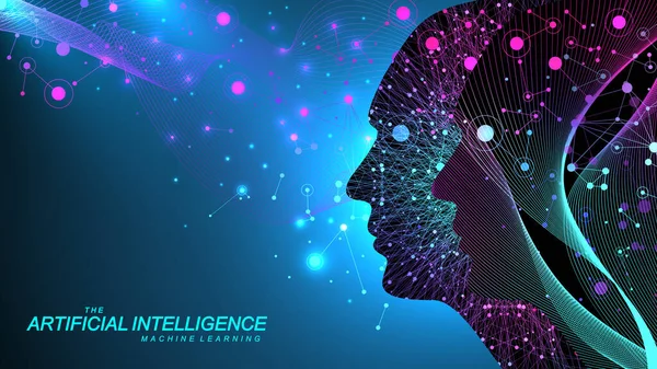 Artificiell intelligens med digital hjärna, neurala nätverk och lärande bearbetning Big Data, Machine Learning koncept. binärt dataflöde på blå bakgrund. Vektorillustration — Stock vektor