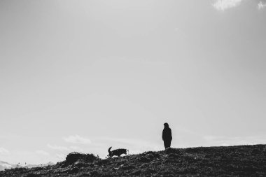 Bir uçurumun kenarında kadın ve köpek siluetleri