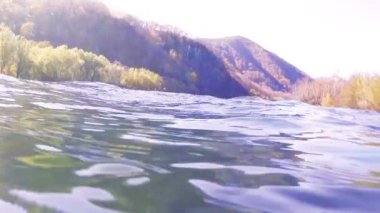 Nehrin hızlı, küçük dalgalar, beyaz huş ağacı mayo sahilde