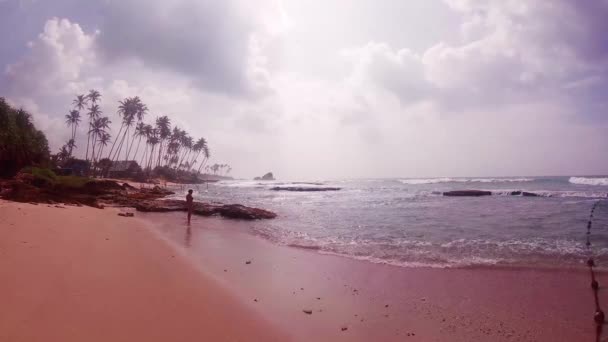 Indischer Ozean Palmen Wellen Wandernde Einsame Frau Über Riff — Stockvideo