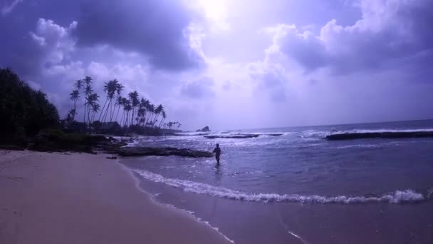 Oceano Índico Palma Ondas Vagando Mulher Solitária Sobre Recife — Vídeo de Stock