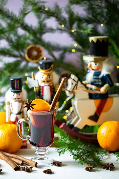 Tea Glass Cup Cinnamon Orange Background Coniferous Branches — Stock Photo, Image