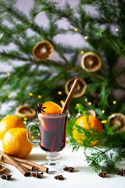 Tea Glass Cup Cinnamon Orange Background Coniferous Branches — Stock Photo, Image