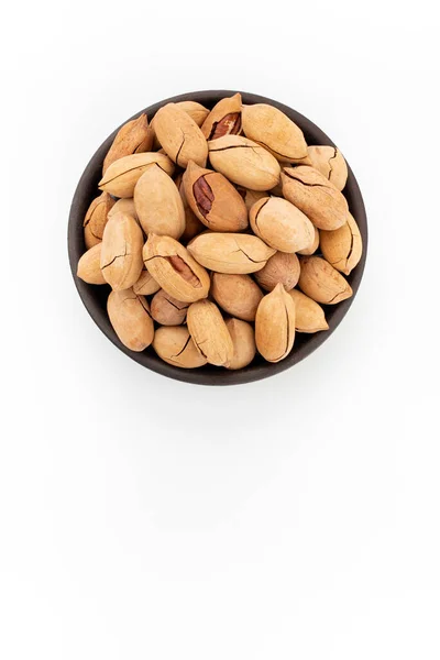Pecan Nuts Shells Bowl White Background Top View — Stock Photo, Image