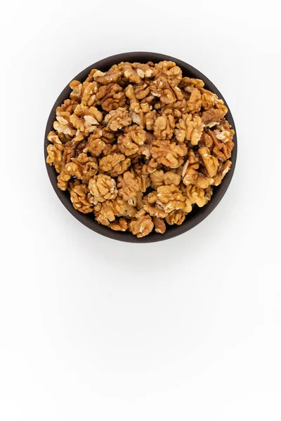 Cleaned Walnuts Bowl White Background Top View — Stock Photo, Image