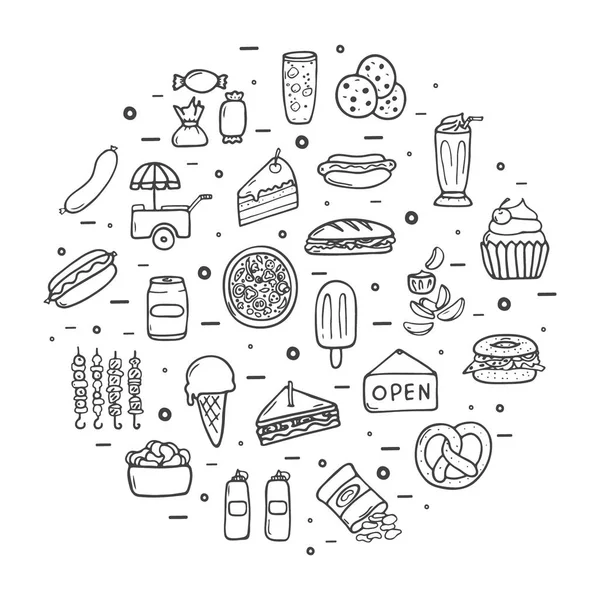 Set de iconos de comida rápida, estilo hecho a mano — Vector de stock