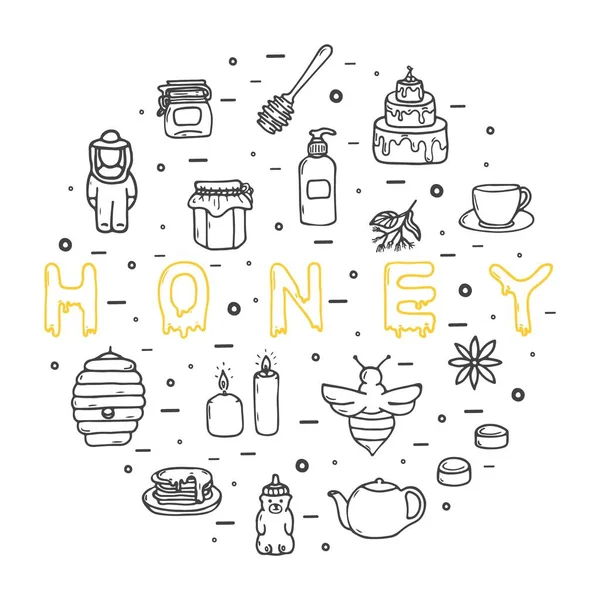 Conjunto de iconos de miel, estilo dibujado a mano, ilustración vectorial Gráficos vectoriales
