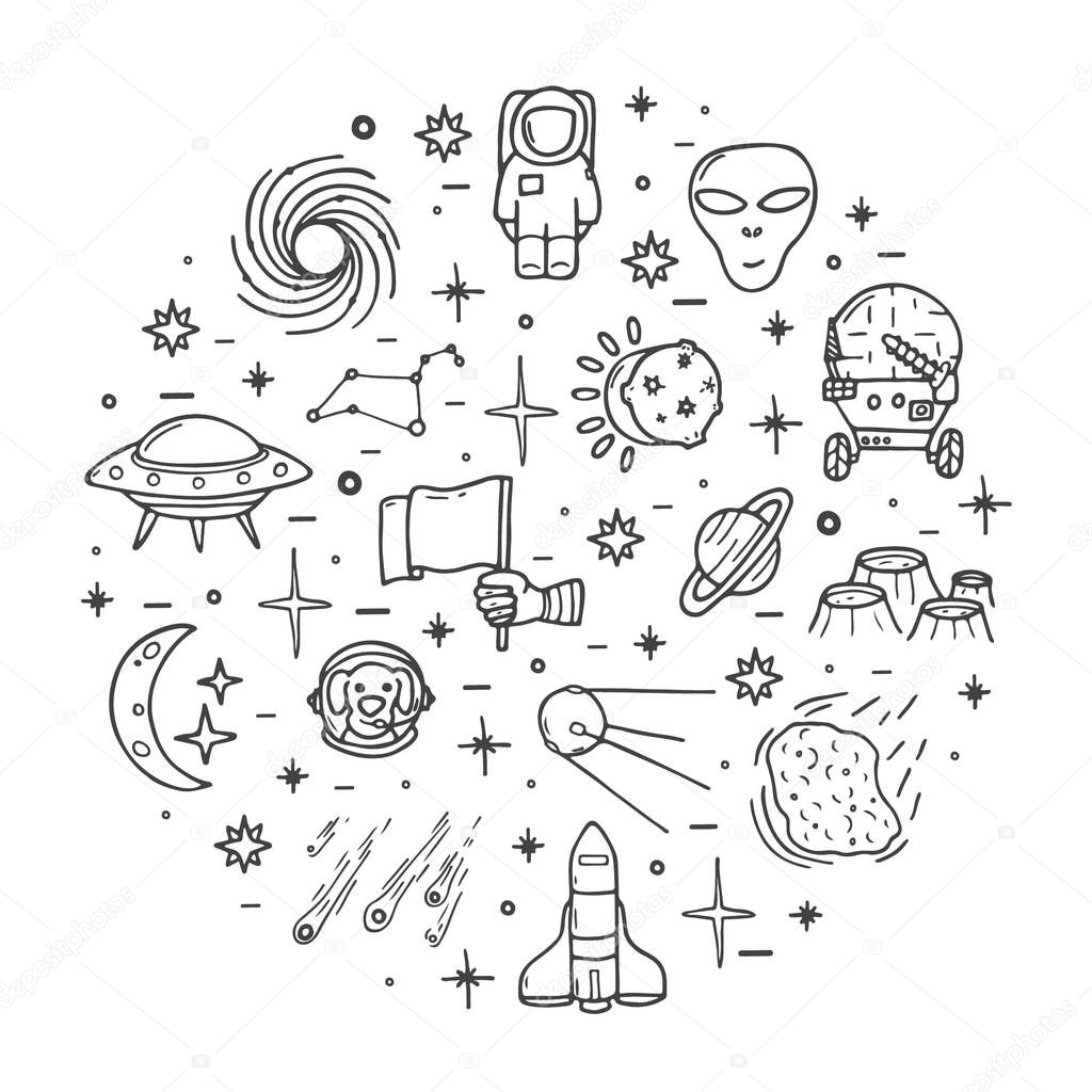 Space icons set, hand drawn cute style