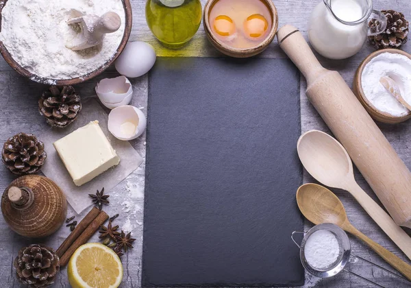 Conjunto Productos Naturales Para Preparación Galletas Caseras Harina Mantequilla Azúcar — Foto de Stock