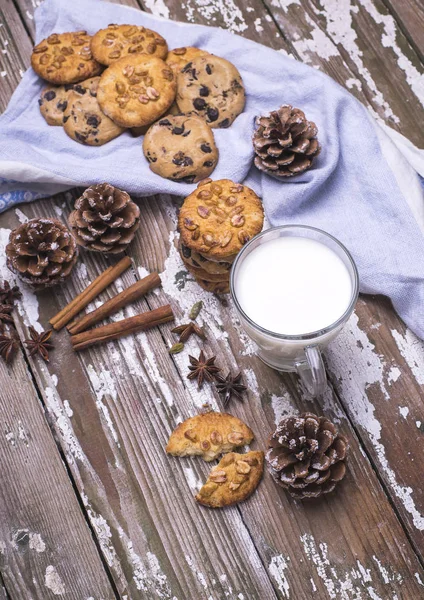 Treats Santa Claus Freshly Baked Natural Biscuits Cup Milk Wooden — Stock Photo, Image