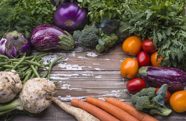 Légumes Biologiques Aubergine Tomates Brocoli Haricots Verts Céleri Carottes Aneth — Photo