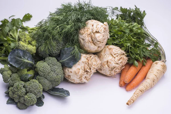 Eneldo Verde Perejil Zanahoria Raíz Apio Brócoli Verduras Orgánicas Naturales —  Fotos de Stock