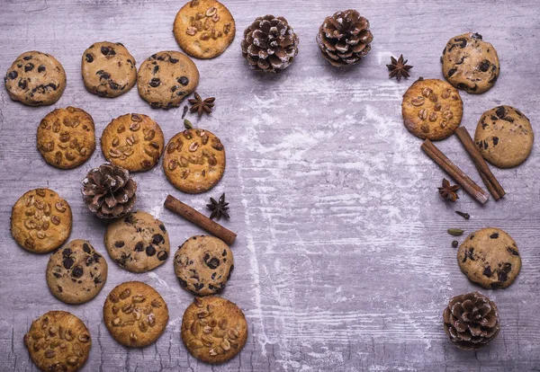 Patrón Galletas Navidad Con Deliciosa Panadería Fondo Gris Madera Con — Foto de Stock