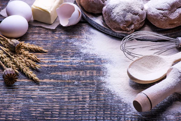 Baking Ingredients Homemade Christmas Biscuits Cookies Shape Heart Wooden Board — Stock Photo, Image