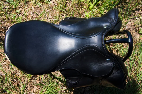 Top View Black Natural Leather Saddle Horse Special Metal Platform — Stock Photo, Image
