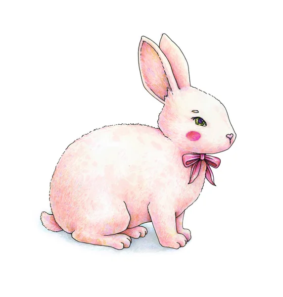 可爱的粉红色动画野兔与弓是孤立的白色背景 儿童梦幻般的绘画 手工彩色绘图标记 — 图库照片