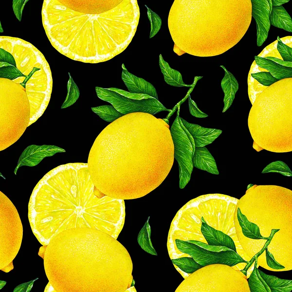 Желтые Лимонные Фрукты Ветке Зелеными Листьями Черном Фоне Бесшовный Рисунок — стоковое фото