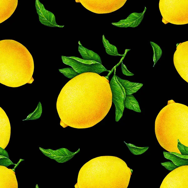 Иллюстрация Красивых Желтых Лимонных Фруктов Ветке Зелеными Листьями Черном Фоне — стоковое фото