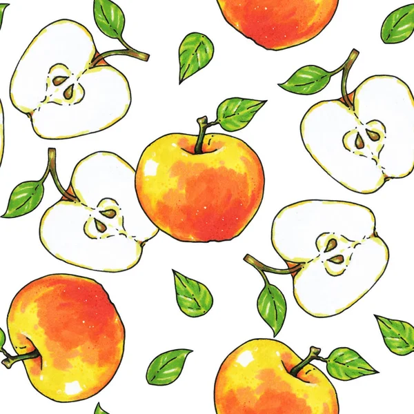 Jabłka Owoce Izolowane Białym Tle Zdrowe Jedzenie Ręcznych Wzór Dla — Zdjęcie stockowe