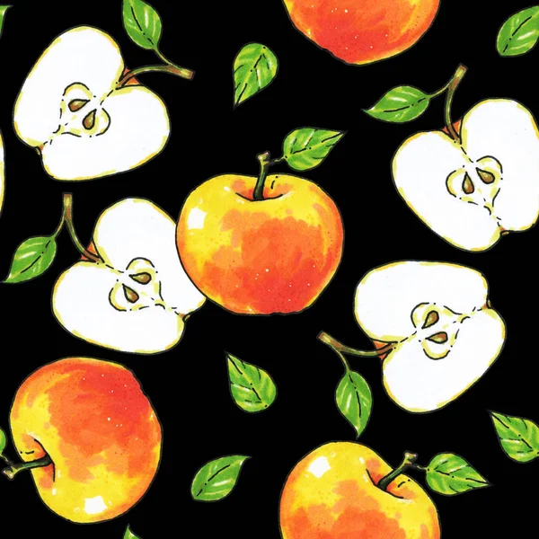 Jabłka Owoce Białym Czarnym Tle Zdrowe Jedzenie Ręcznych Wzór Dla — Zdjęcie stockowe
