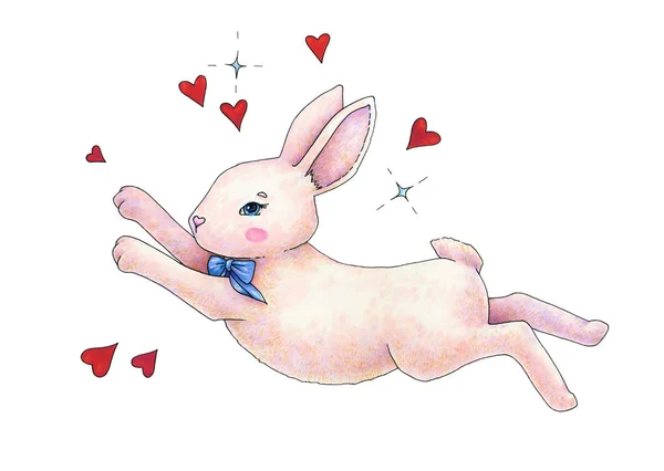 Lovely pink animation hare with a bow is isolated on a white background. Children\'s fantastic drawing. Handwork color drawing markers. Rabbit in love