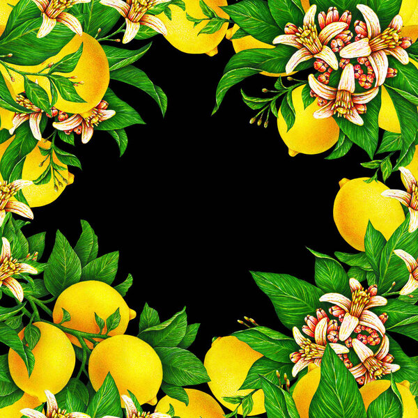 Бесшовный шаблон праздничной свадебной открытки. Фруктовые мотивы для ручной работы. Желтые лимоны с цветами и листьями в виде квадратной рамки на черном фоне

