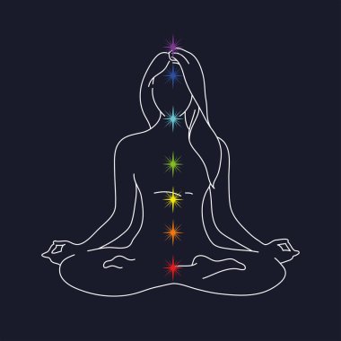 Kadın yoga poz. Lotus pozisyonu siluet. Mavi bir arka plan üzerinde vektör çizim. Çakralar açığa çıkması için meditasyon