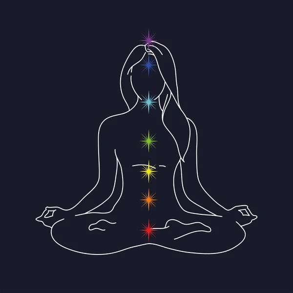 女人瑜伽姿势 莲花位置轮廓 蓝色背景上的矢量插图 关于揭示脉轮的冥想 — 图库矢量图片