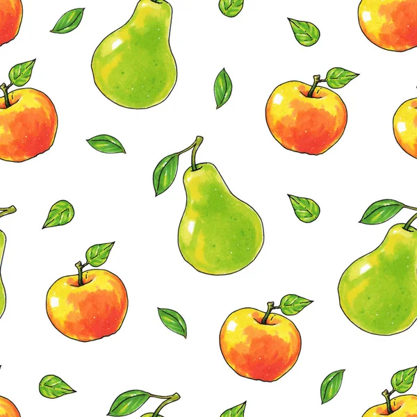 Gruszki Jabłka Owoce Izolowane Białym Tle Zdrowe Jedzenie Ręcznych Wzór — Zdjęcie stockowe