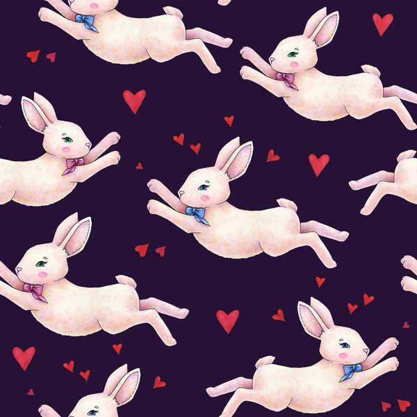 Lovely pink animation rabbit bunny hare with a bow in love on darkly blue background. Children fantastic drawing. Handwork drawing markers. Seamless pattern for design.