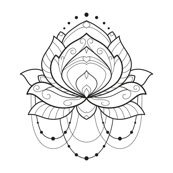 Lotus çiçeği tek renkli geometrik vektör çizim beyaz bir arka plan üzerinde izole. Tasarım için Doğu motifleri ile simetrik dekoratif unsur. Yorum-in sayfa boyama