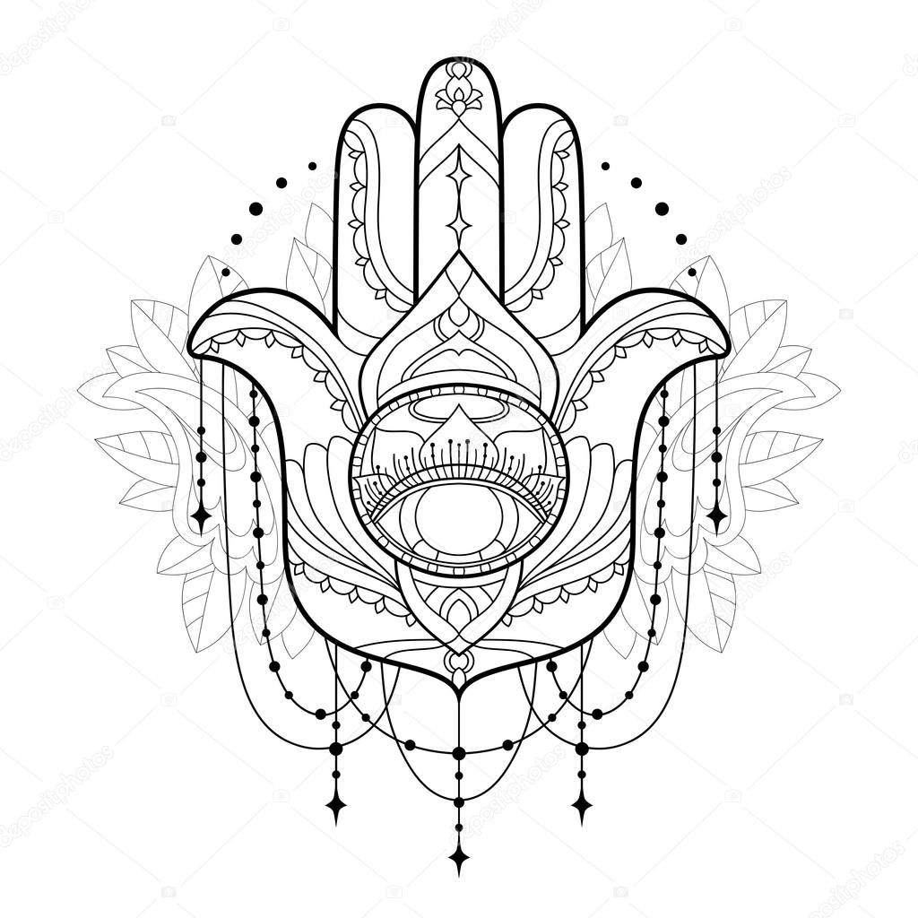 Hamsa icon. Monochrome vector illustration is isolated on a white background. Esoteric protective amulet hand of Fatima. Decorative element with east motives for design. Version of the page for coloring