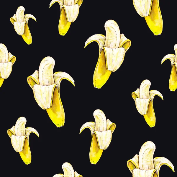 黒い背景にバナナ シームレス パターン 水彩イラスト トロピカル フルーツ 手仕事 — ストック写真