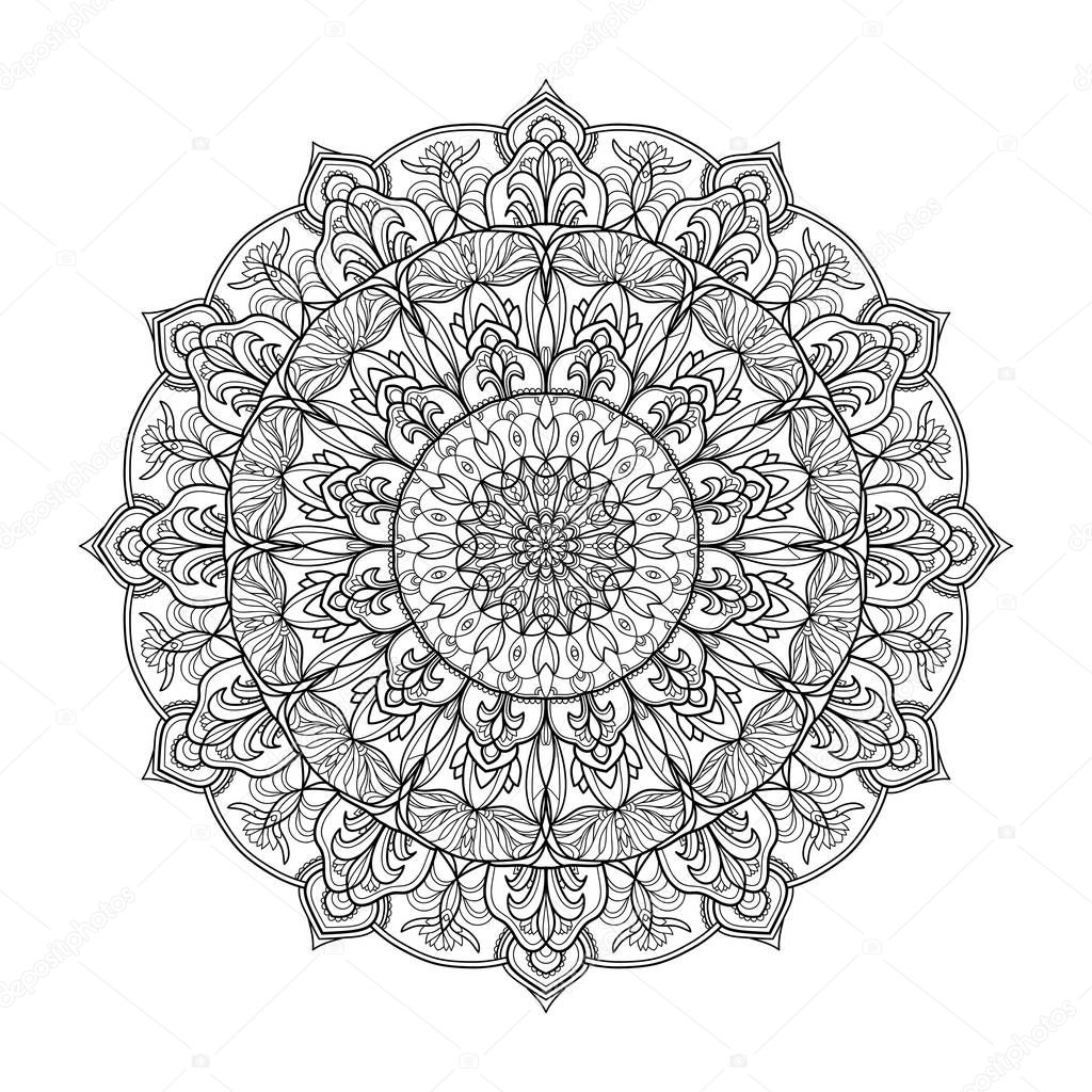 Monochrome geometrical vector mandala is isolated on a white background. Decorative element with east motives for design mehndi. Version of the page for colouring