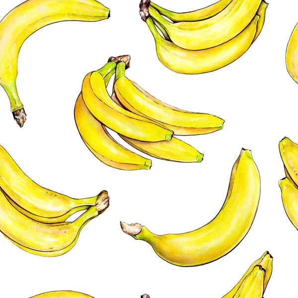 Bananas White Background Seamless Pattern Watercolor Illustration Tropical Fruit Handwork — Stock Photo, Image