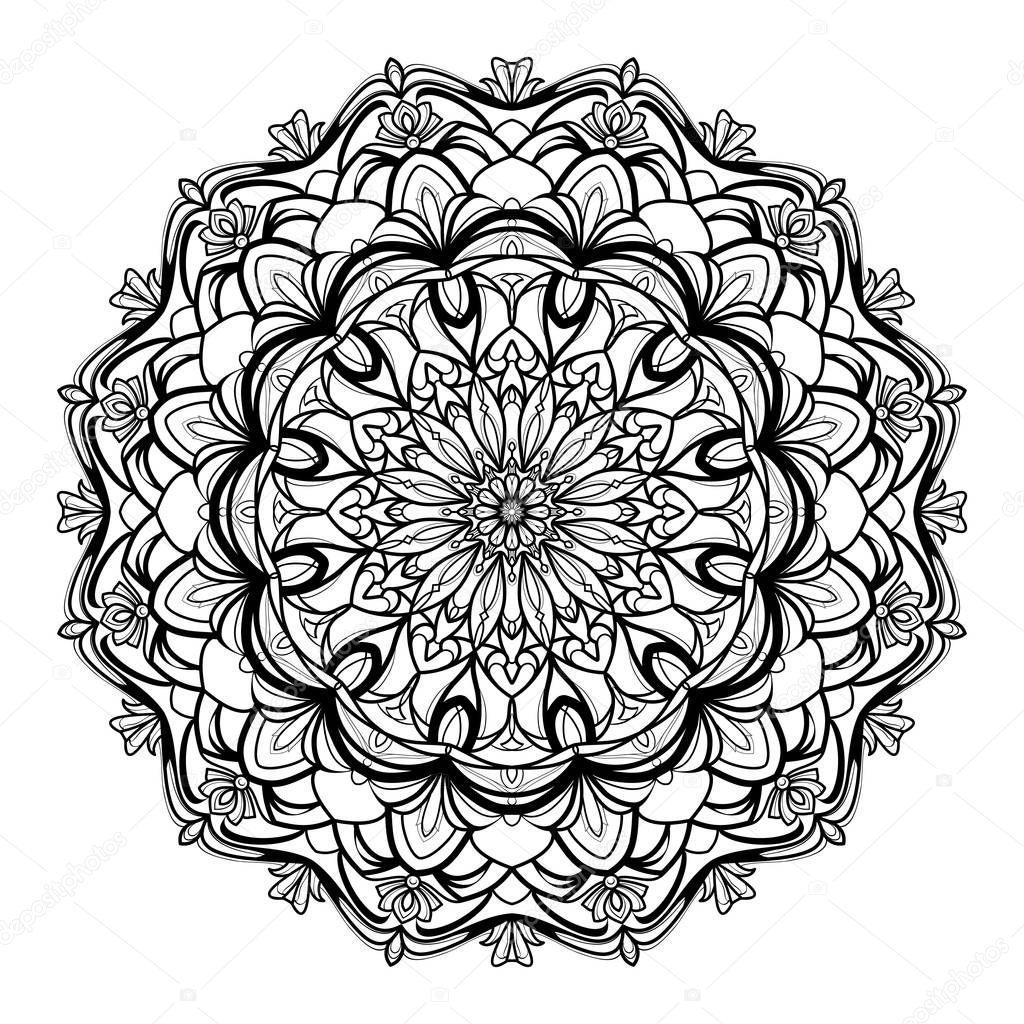 Monochrome geometrical vector mandala is isolated on a white background. Decorative element with east motives for design mehndi. Version of the page for colouring
