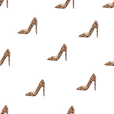 Beyaz arka planda izole edilmiş suluboya kadın leopar ayakkabıları. Giysilerin el işi çizimi. Tasarım için kusursuz desen.