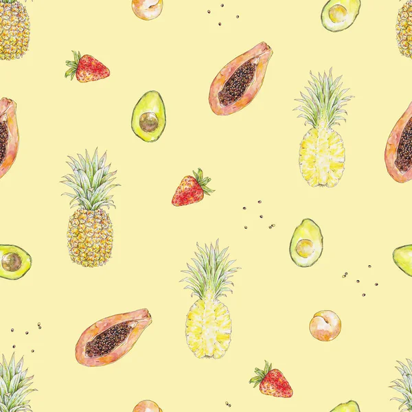 Watercolor Pineapple Avocado Strawberry Apricot Papaya Fruits Isolated Yellow Background — Stock Photo, Image