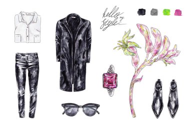 Suluboya giysiler ve beyaz arka planda izole edilmiş bir angozanthos çiçeği. El işi moda çekimi. Merhaba tarzım..