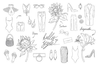 Beyaz arka planda izole edilmiş harika kıyafet ve çiçek vektör seti. Tasarım için el işi moda çizimi