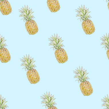 Olgun ananaslar mavi bir arka planda izole edilir. Suluboya renkli çizimler. El işi egzotik yaz çekilişi. Tropik meyveler. Tasarım için kusursuz desen.
