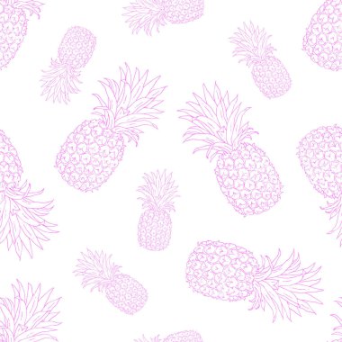 Pembe ananas meyveleri beyaz arka planda izole edilir. Vektör çizimi. Tasarım için kusursuz desen.