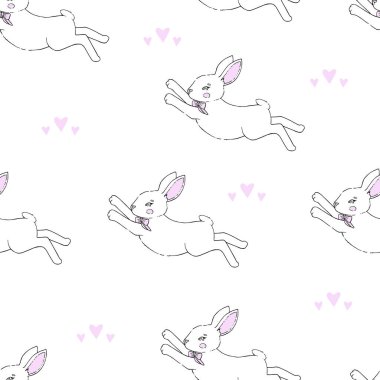 Sevimli vektör animasyon tavşan tavşan tavşan tavşan, beyaz bir arka planda izole edilir. Harika bir el çizimi. Tasarım için kusursuz desen.